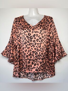 LaRoque 100% Silk Shirt Leopard Print Bell Sleeve Top Minimalist Modest L/XL